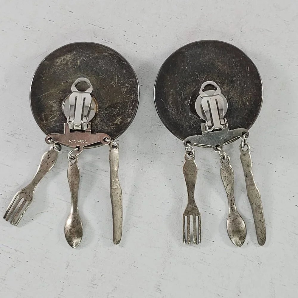 Vintage Clip On Earrings With Dangling Utensils Fork Spoo Knife Charms - Picture 5 of 8